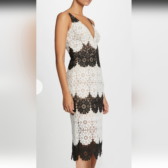 Dress the Population Vera Lace Midi Cocktail Dress Black and White Illusion M - Picture 4 of 13